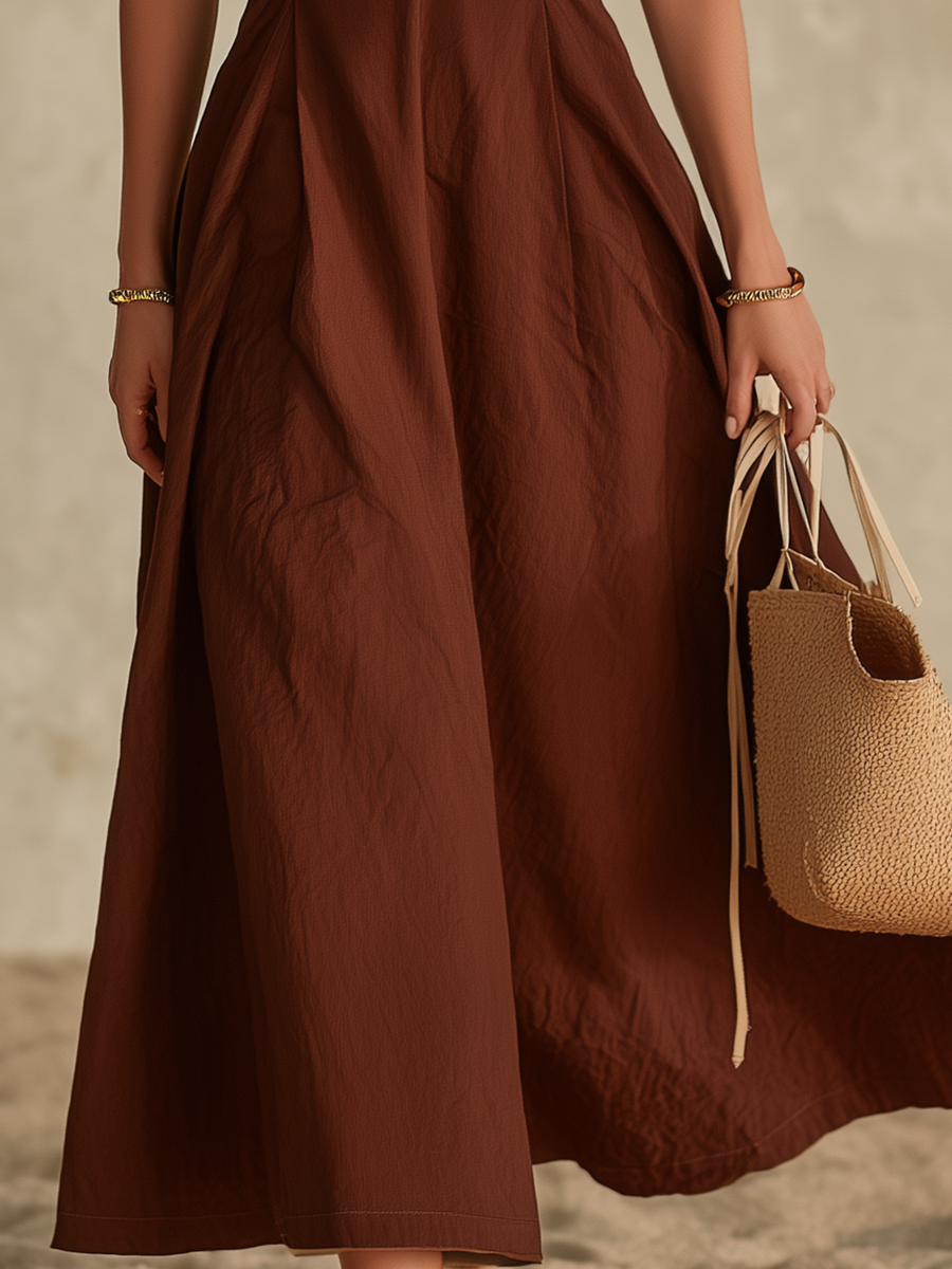 Brown Sleeveless V-Neck Vacation Maxi Dress