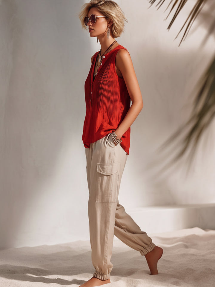 Bohemian Resort Style Red Pleated Cotton Linen Sleeveless Vest And Beige Jogger Pants Set