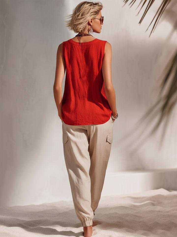 Bohemian Resort Style Red Pleated Cotton Linen Sleeveless Vest And Beige Jogger Pants Set