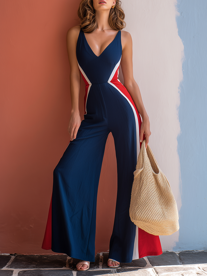 Chic Vacation V-Neck Color-Block Dark Blue Cotton Wide-Leg Jumpsuit