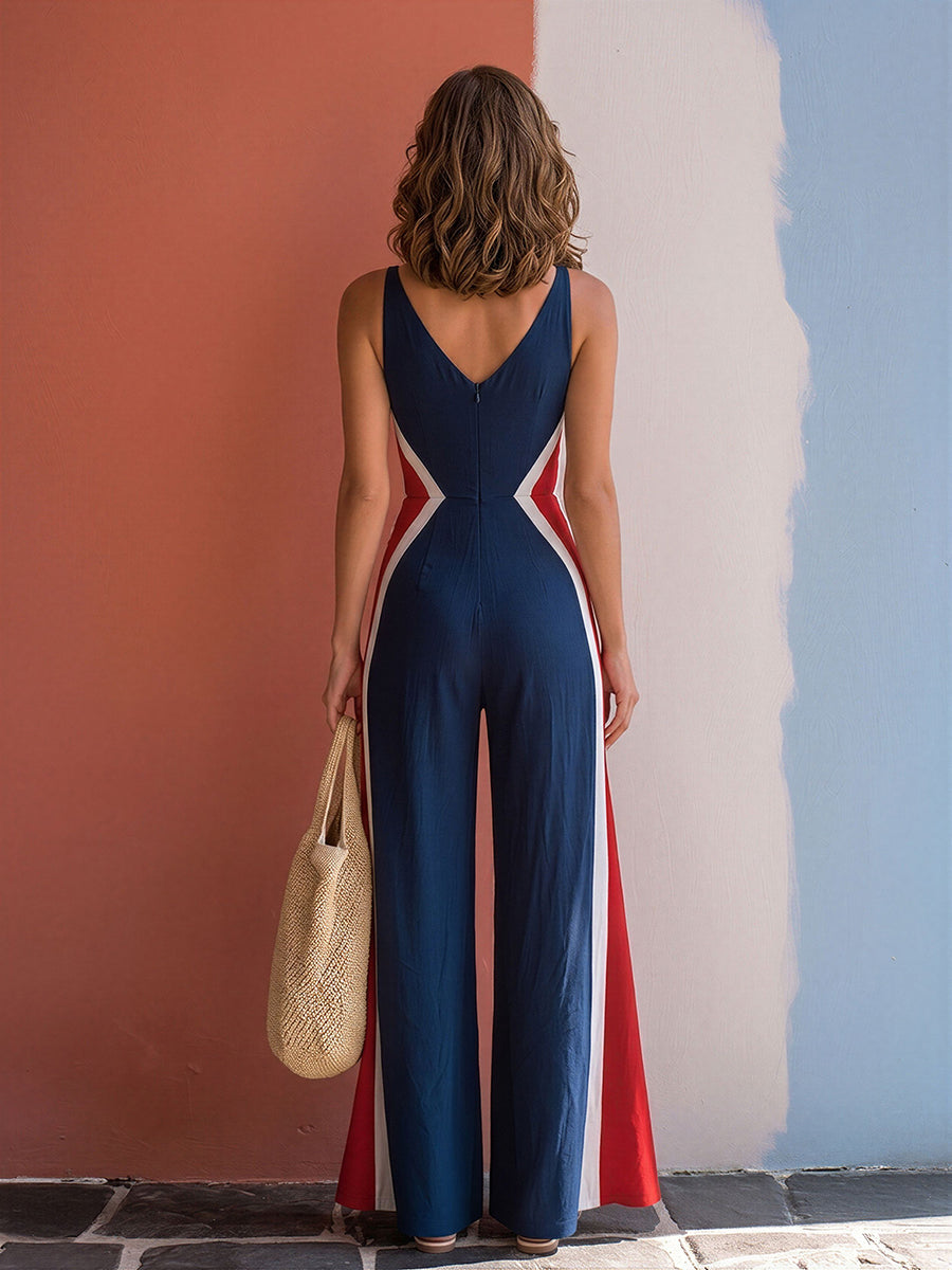 Chic Vacation V-Neck Color-Block Dark Blue Cotton Wide-Leg Jumpsuit