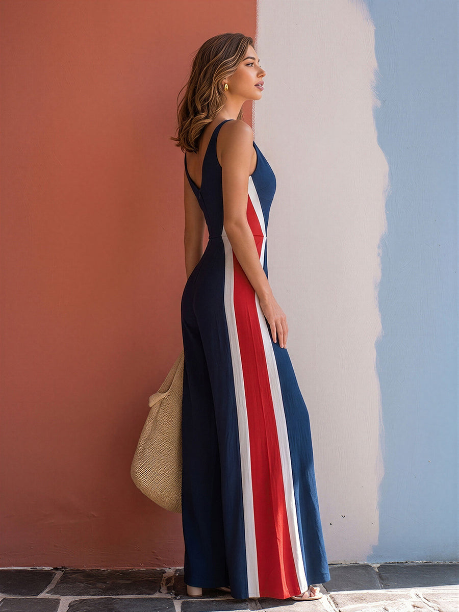 Chic Vacation V-Neck Color-Block Dark Blue Cotton Wide-Leg Jumpsuit