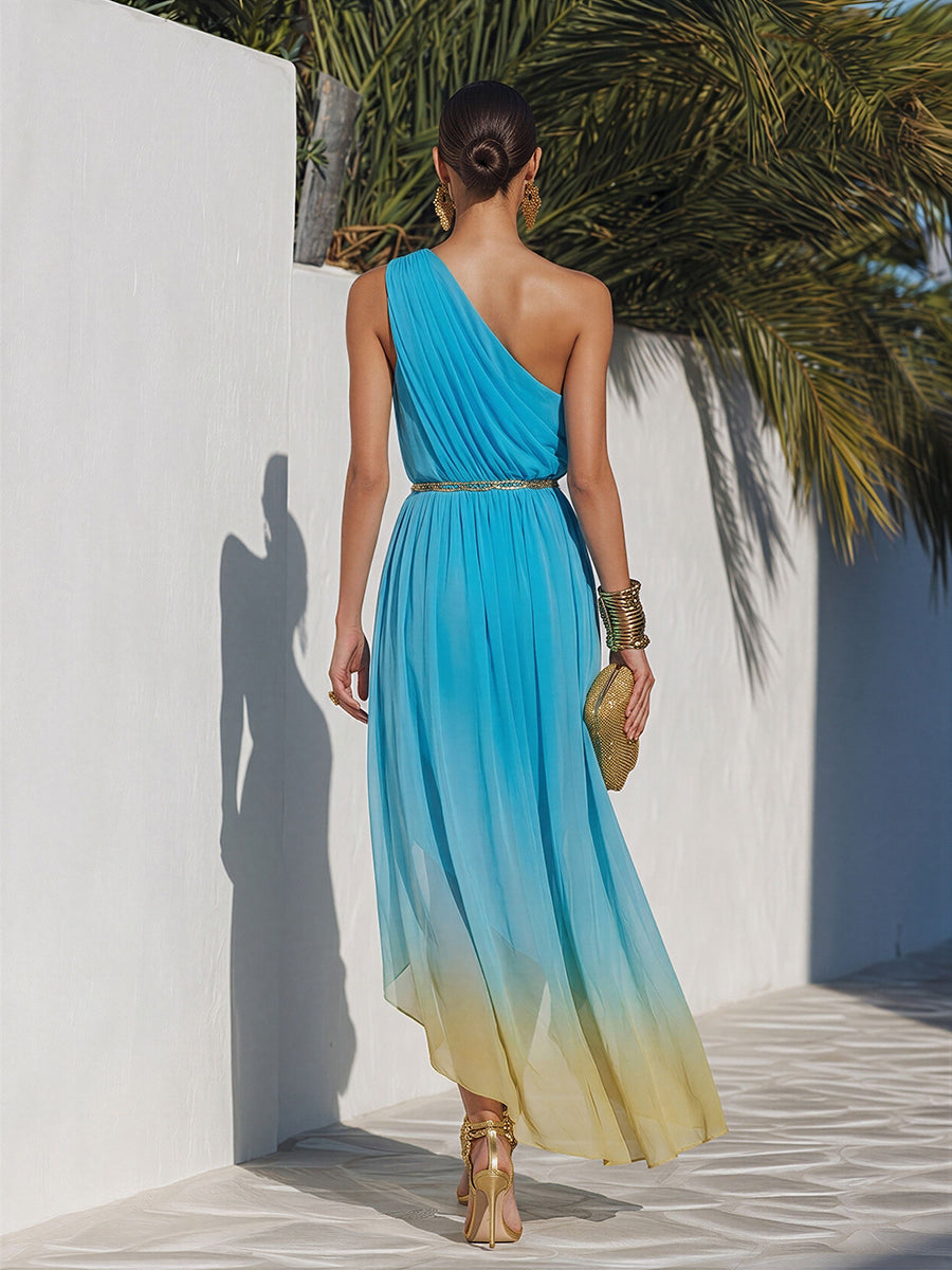 Off-the-Shoulder Asymmetric Hem Ombre Chiffon Maxi Dress for Romantic Vacations