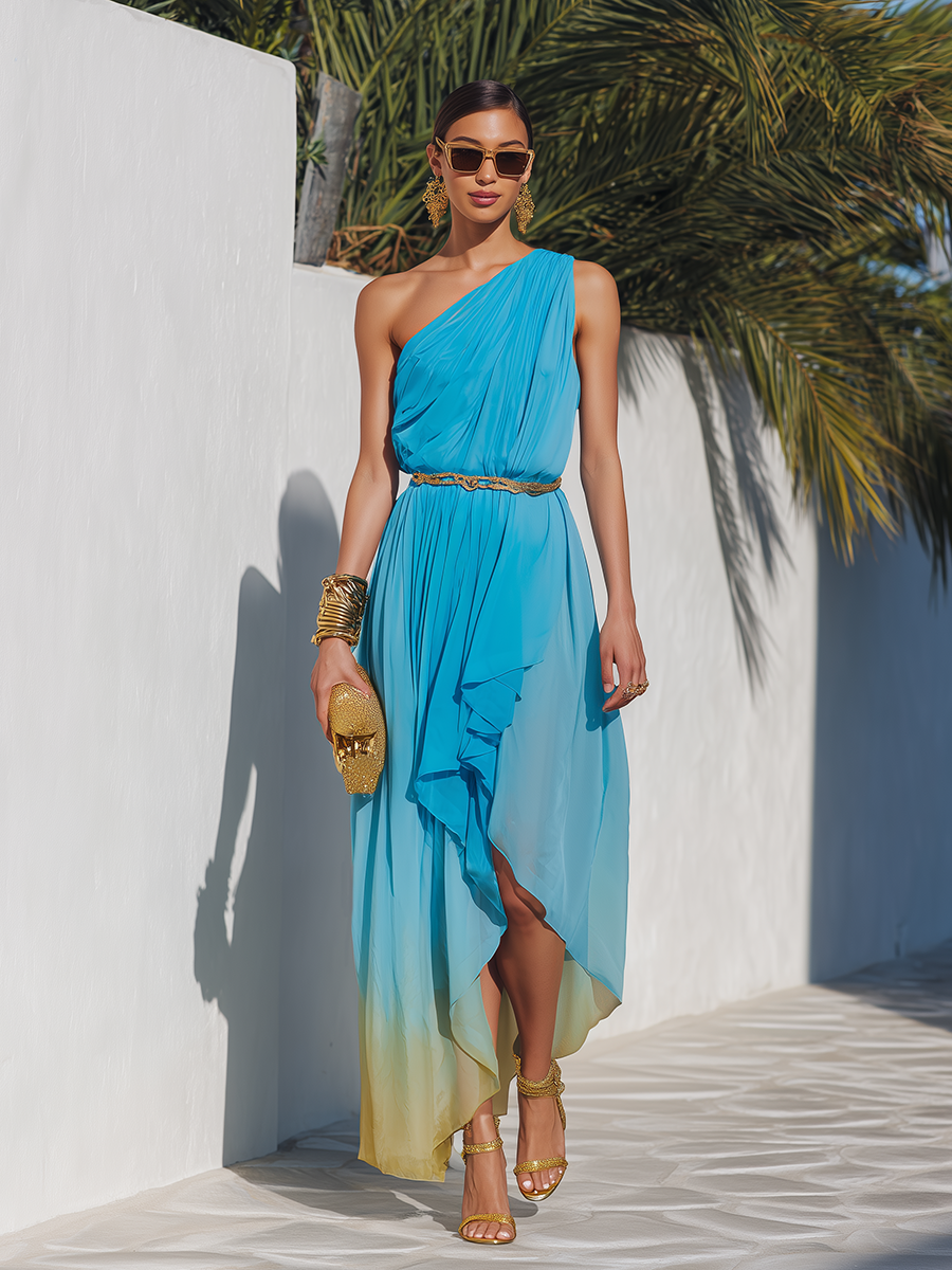 Off-the-Shoulder Asymmetric Hem Ombre Chiffon Maxi Dress for Romantic Vacations