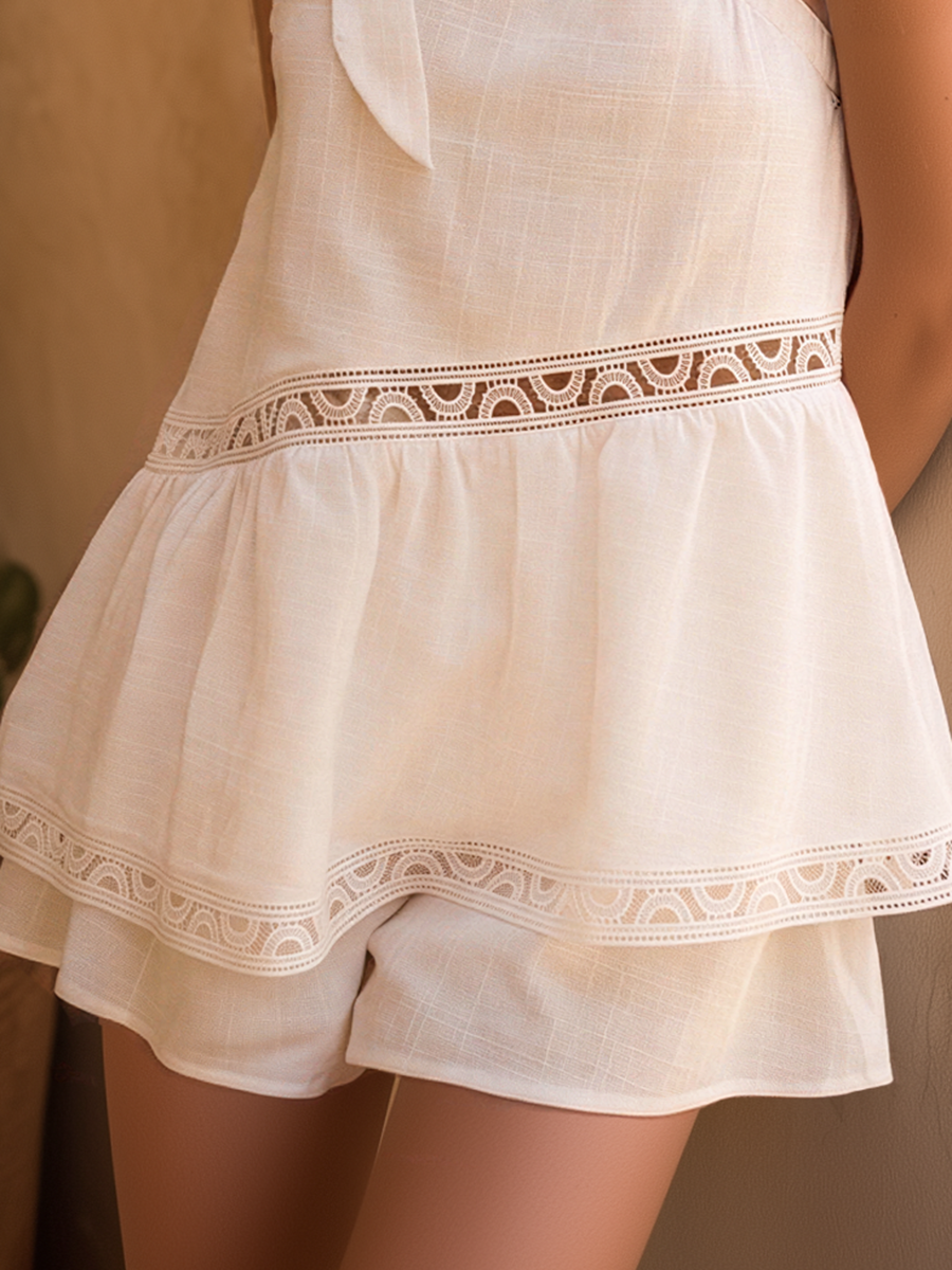 Bohemian Off-Shoulder White Cotton-Linen Shorts Set