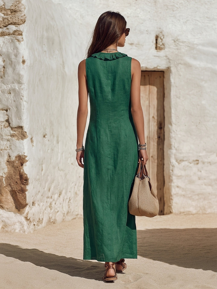 Sleeveless Ruffled V-Neck Maxi Dress with Resort Style Slit
