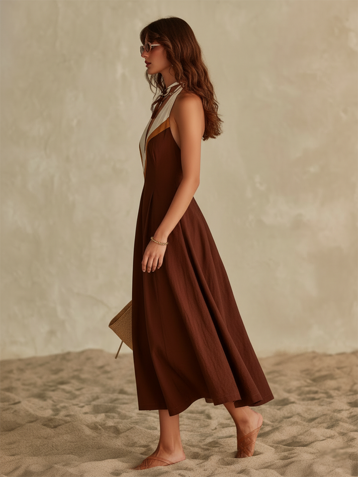 Brown Sleeveless V-Neck Vacation Maxi Dress