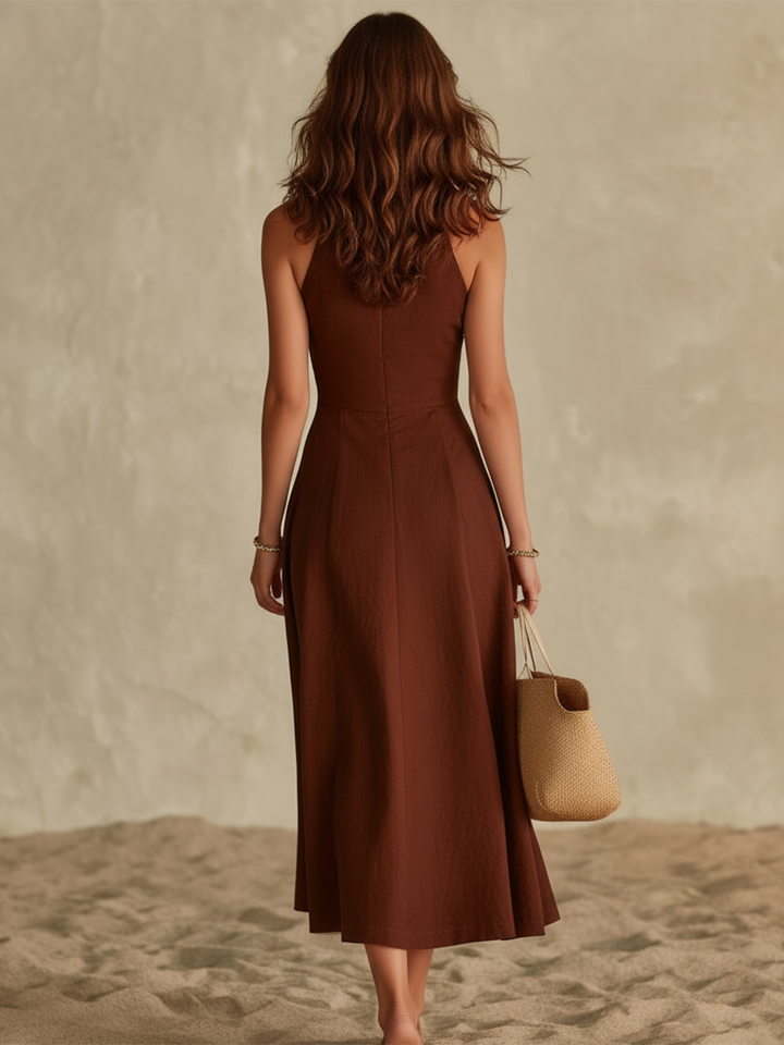 Brown Sleeveless V-Neck Vacation Maxi Dress