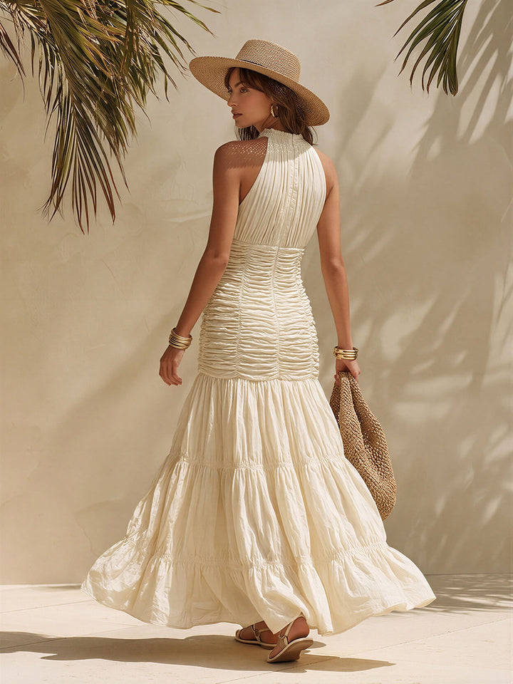 Ecru cotton maxi dress with sleeveless straps, pleated and boho fishtail