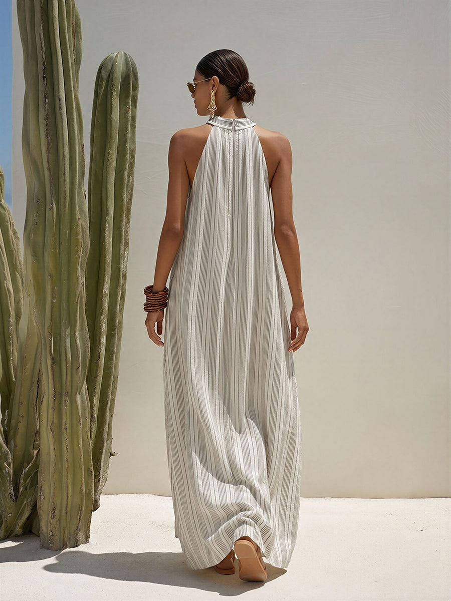 Old Money Gray Striped Cotton-Linen Sleeveless Maxi Dress