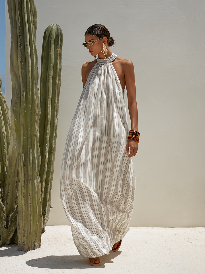 Old Money Gray Striped Cotton-Linen Sleeveless Maxi Dress