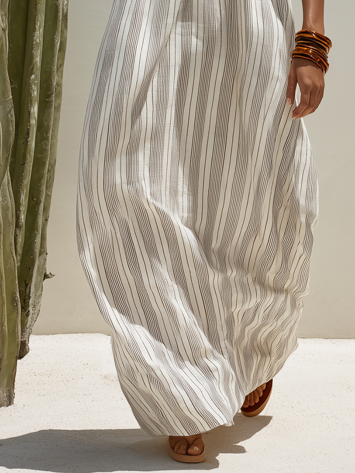 Old Money Gray Striped Cotton-Linen Sleeveless Maxi Dress