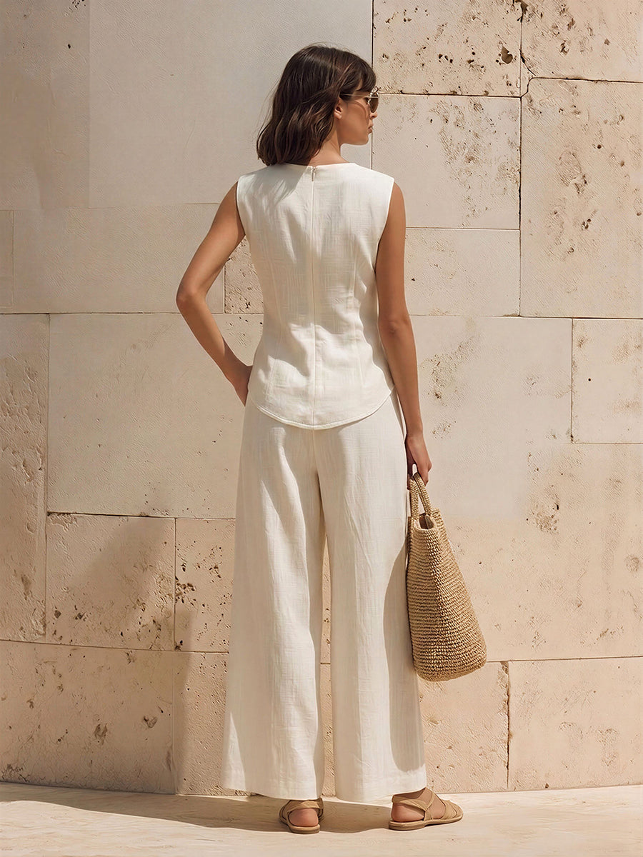 Old Money Sleeveless Top With Twisted Neckline And Wide-Leg Trousers White Cotton-Linen Set