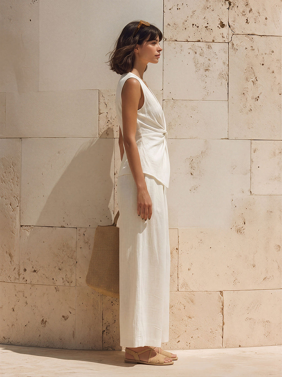 Old Money Sleeveless Top With Twisted Neckline And Wide-Leg Trousers White Cotton-Linen Set