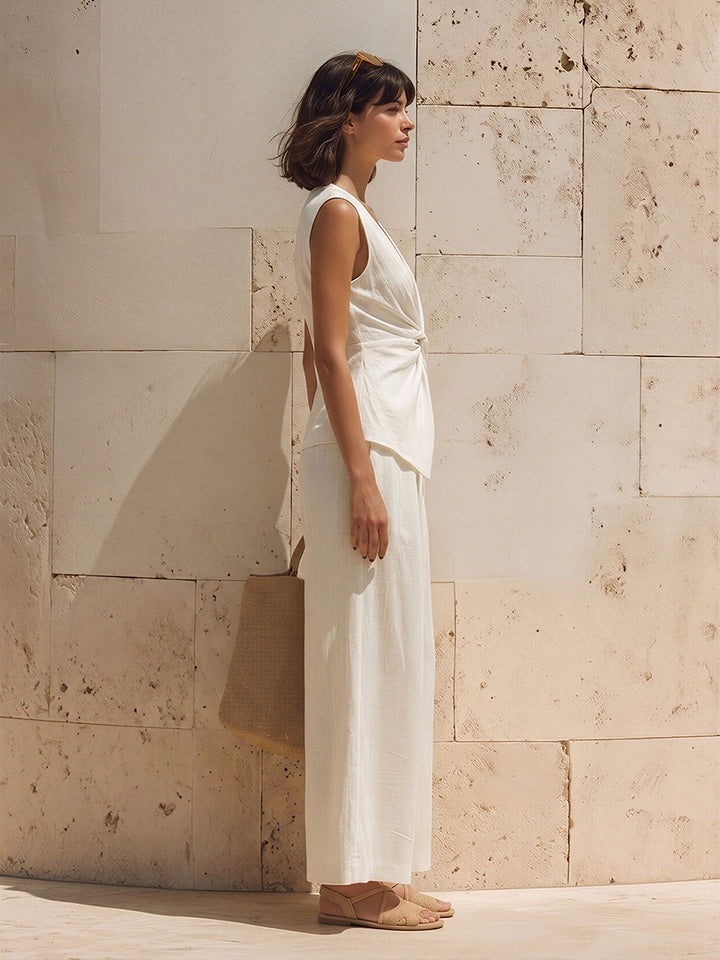 Old Money Sleeveless Top With Twisted Neckline And Wide-Leg Trousers White Cotton-Linen Set
