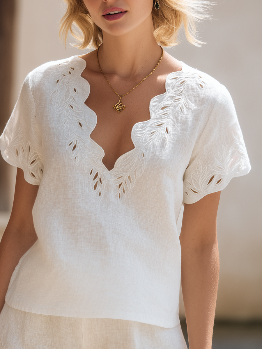 Old Money White Cotton-Linen Openwork Embroidery Short-Sleeve Top And Shorts Set