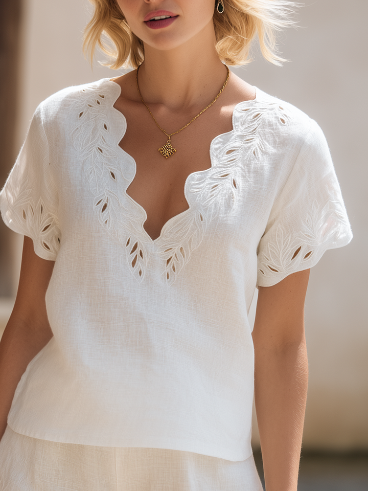 Old Money White Cotton-Linen Openwork Embroidery Short-Sleeve Top And Shorts Set