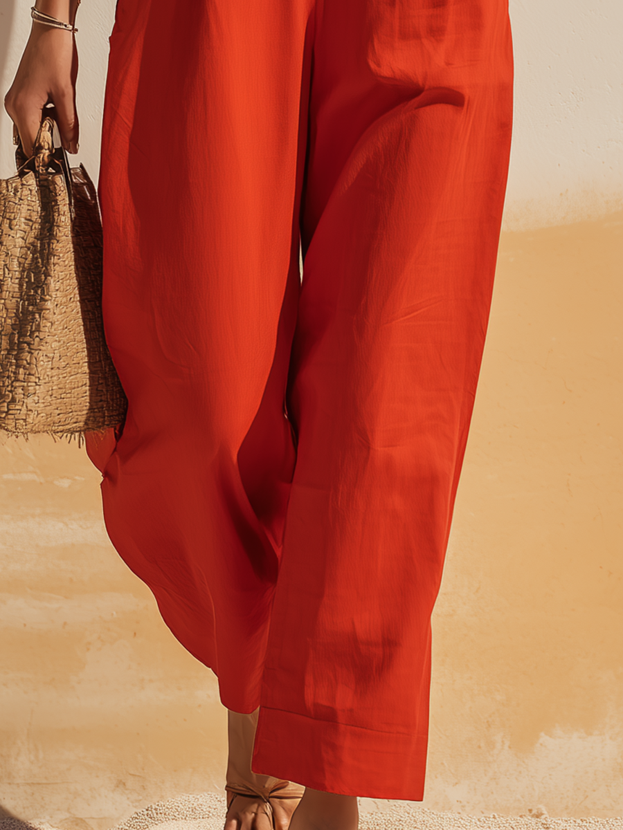 Vacation-Style Zipper Pockets Sleeveless Red Jumpsuit