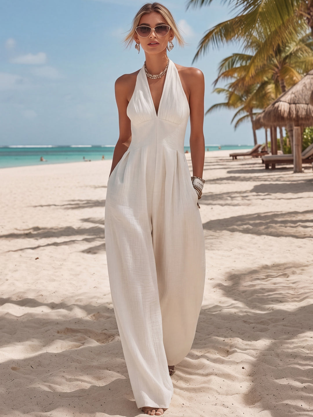Bohemian Vacation White Cotton Linen V-neck Sleeveless Jumpsuit