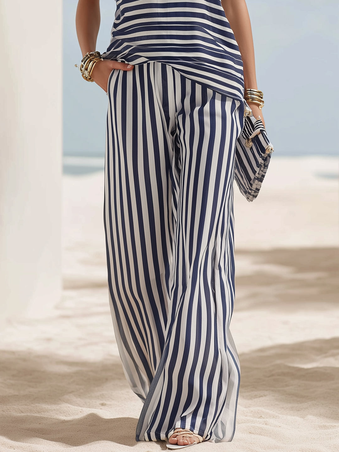 Lazy Island Style Navy Blue And White Striped Chiffon Strapless Top And Wide-Leg Pants Set