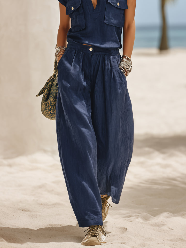 Casual And Relaxed Vacation Style Navy Blue Cotton Linen V-neck Top And Wide-leg Pants Set