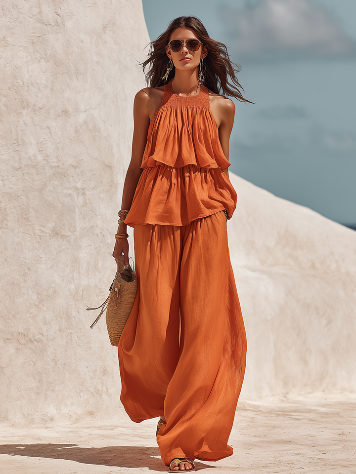 Retro Bohemian Layered Ruffled Tank Top And Wide-Leg Pants Set