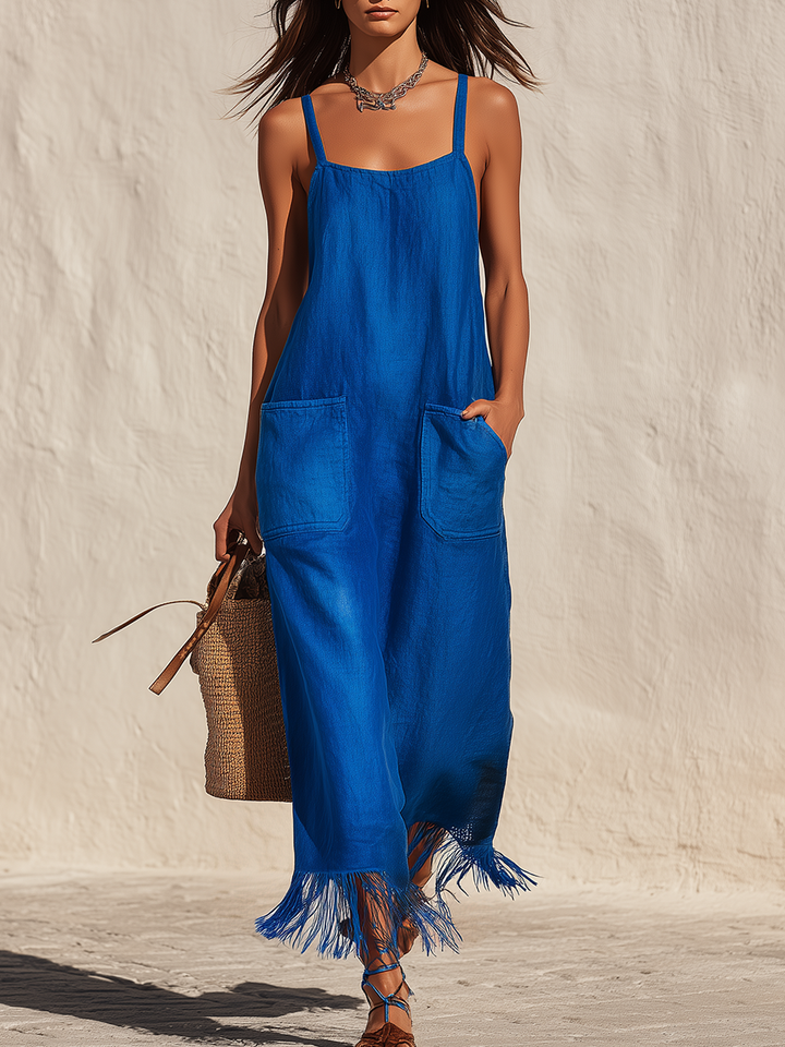 Minimalist Vacation Fringed Hem Strappy Linen Midi Dress