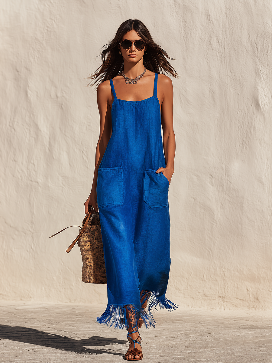 Minimalist Vacation Fringed Hem Strappy Linen Midi Dress