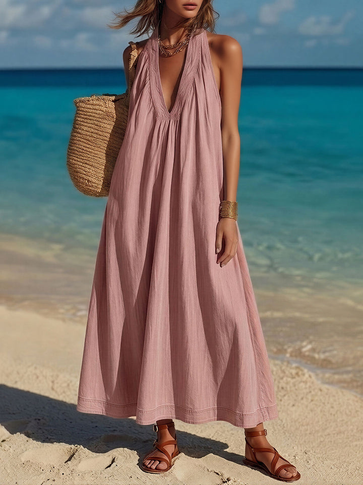 Minimalist Vacation Style Sleeveless V-Neck Pink Denim Maxi Dress