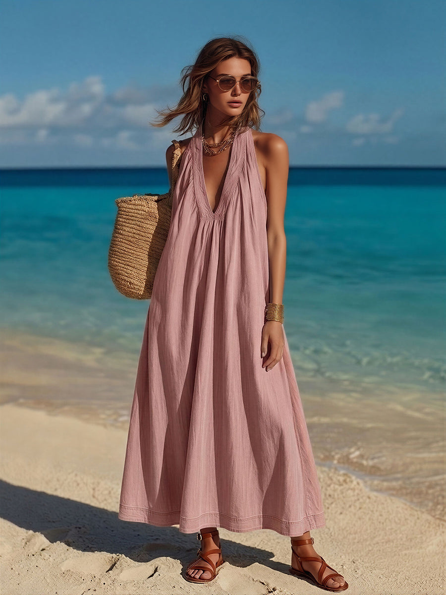 Minimalist Vacation Style Sleeveless V-Neck Pink Denim Maxi Dress