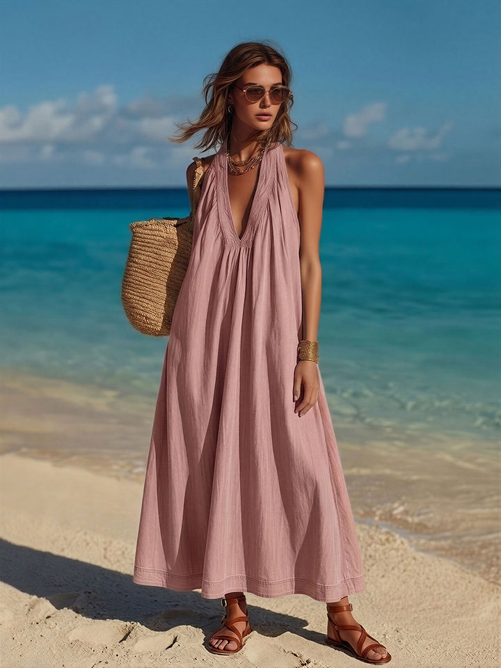 Minimalist Vacation Style Sleeveless V-Neck Pink Denim Maxi Dress