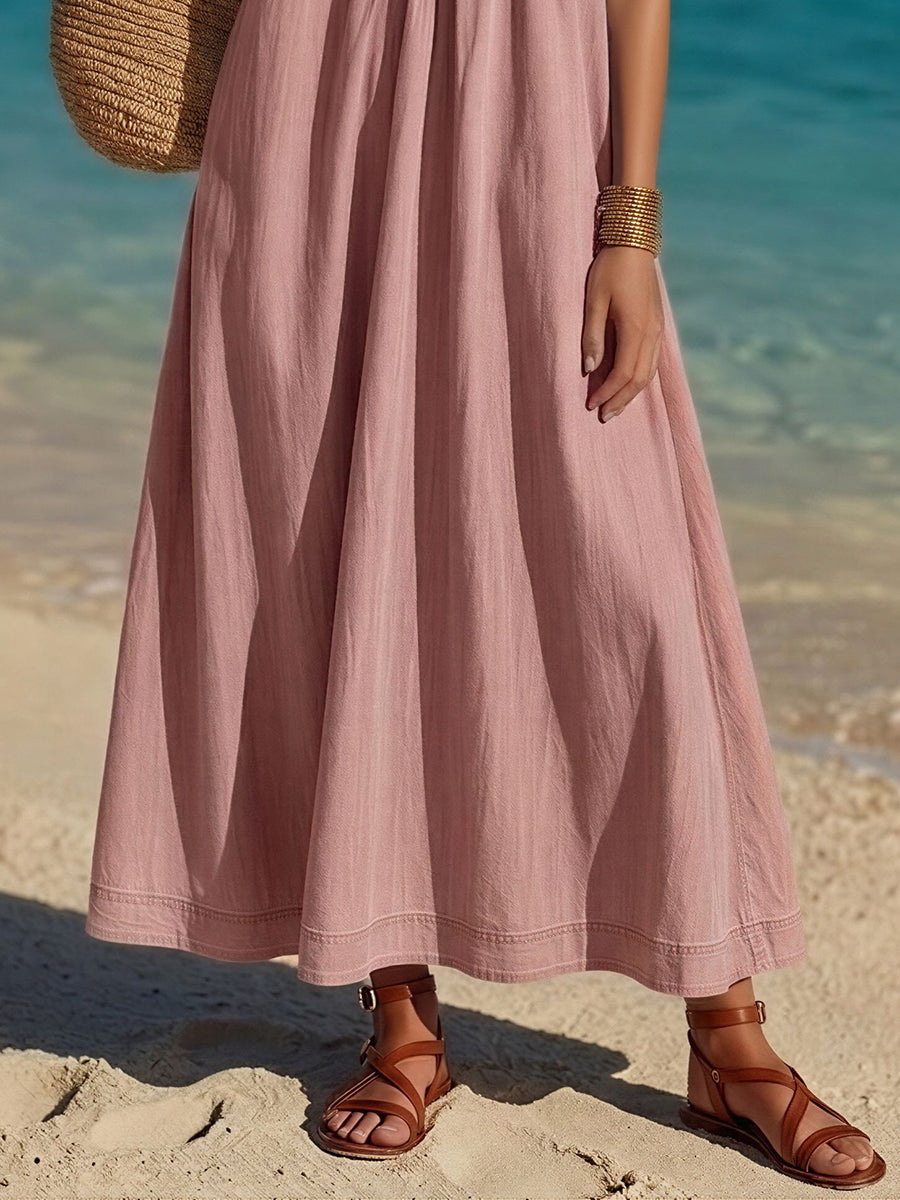 Minimalist Vacation Style Sleeveless V-Neck Pink Denim Maxi Dress