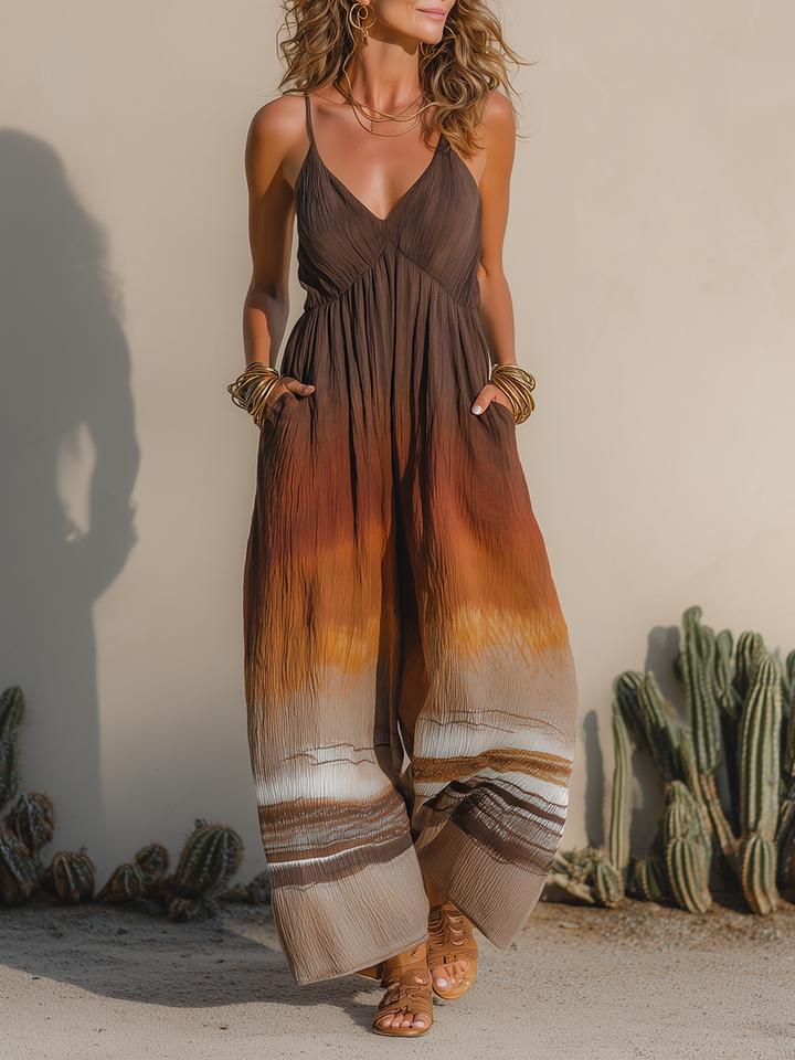Retro Vacation-Style Sleeveless Sunset-Hued Print Wide-Leg Jumpsuit