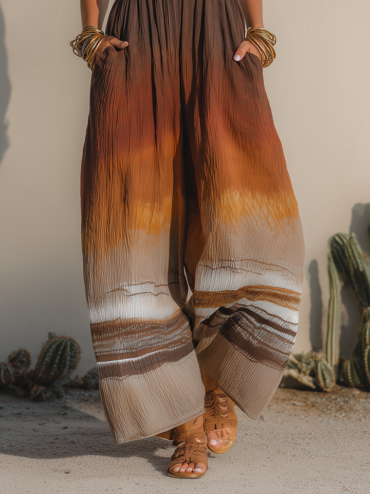 Retro Vacation-Style Sleeveless Sunset-Hued Print Wide-Leg Jumpsuit