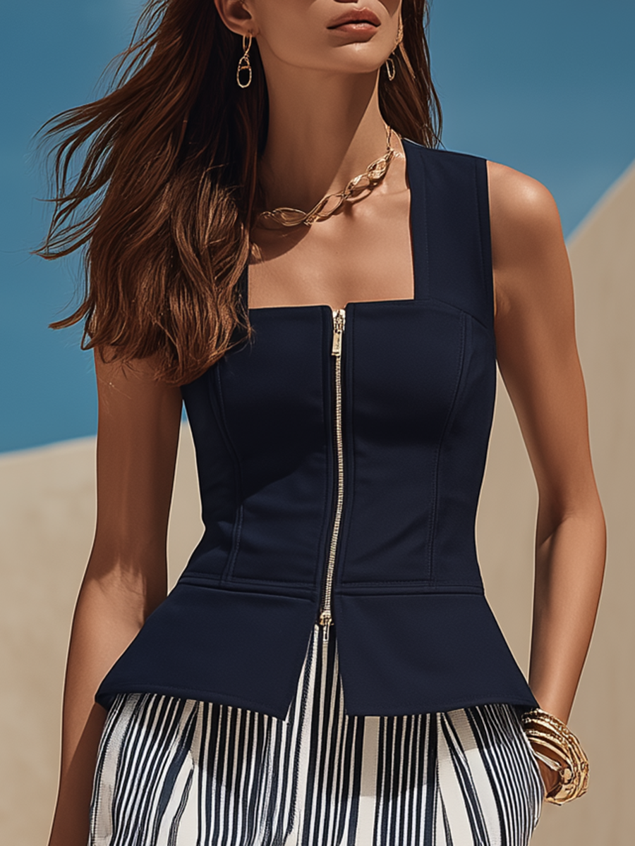 Resort-style Elegant Square-neck Vest And Striped Wide-leg Pants Set
