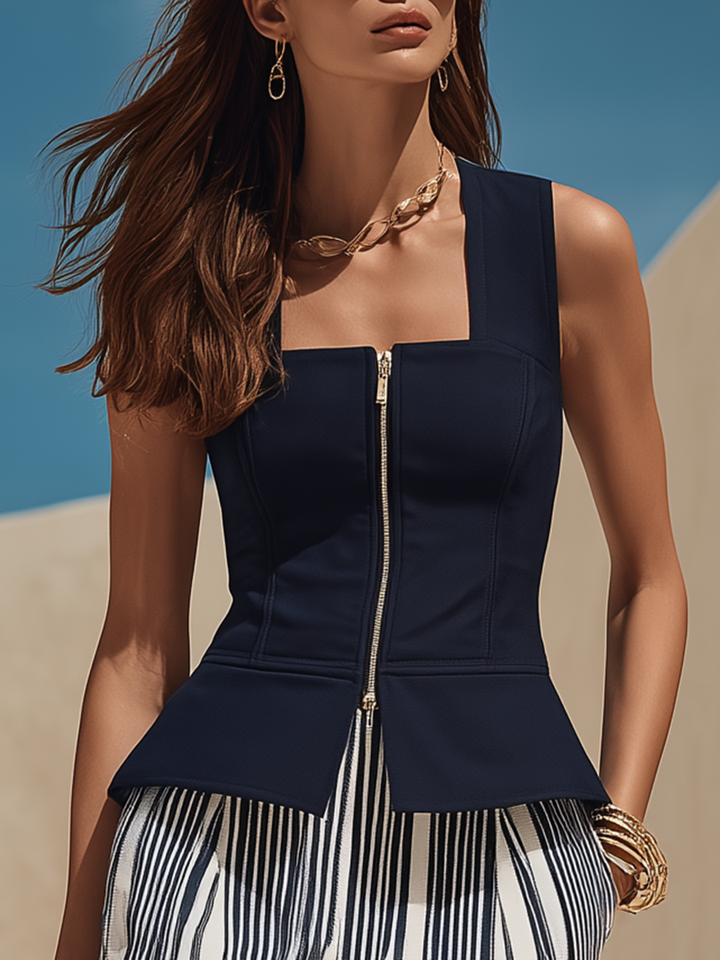Resort-style Elegant Square-neck Vest And Striped Wide-leg Pants Set