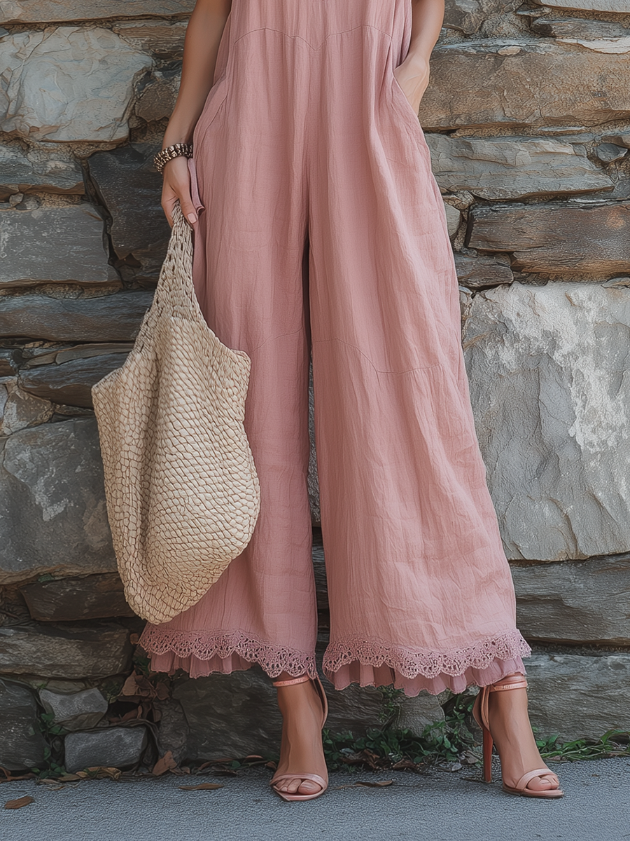 Bohemian Lace-Trim V-Neck Wide-Leg Cotton-Linen Jumpsuit