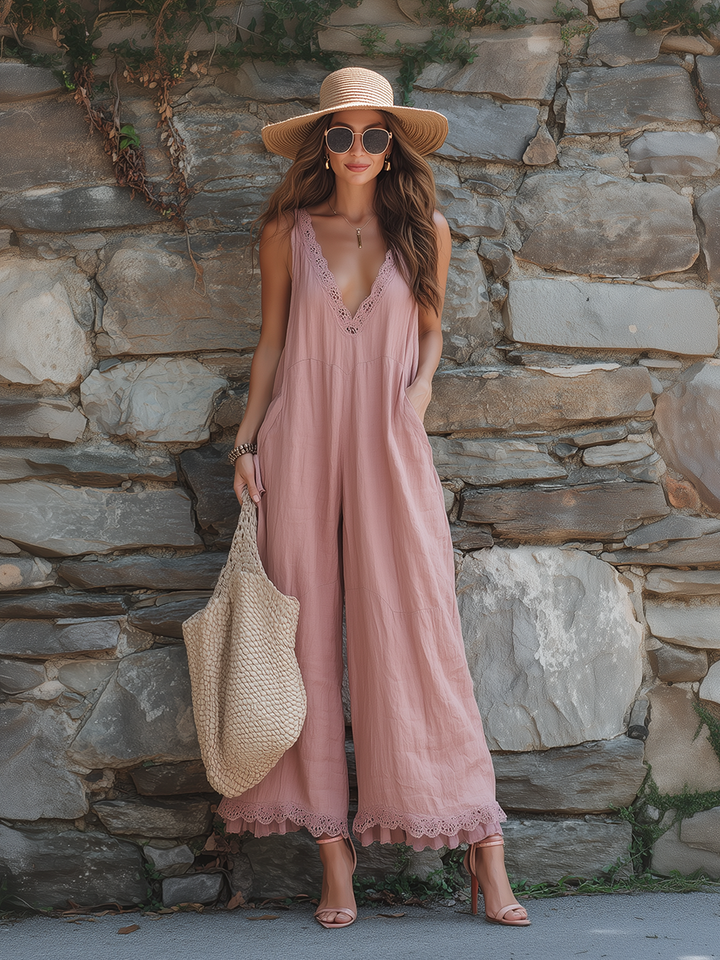 Bohemian Lace-Trim V-Neck Wide-Leg Cotton-Linen Jumpsuit