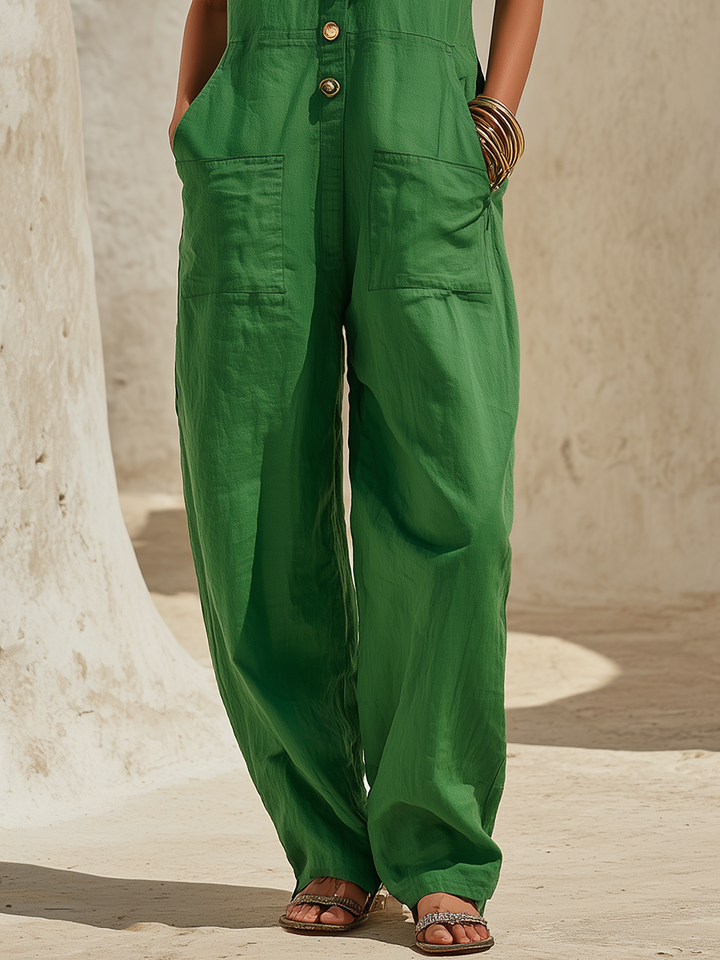 Retro Multi-pocket Button-front Cotton-linen Jumpsuit