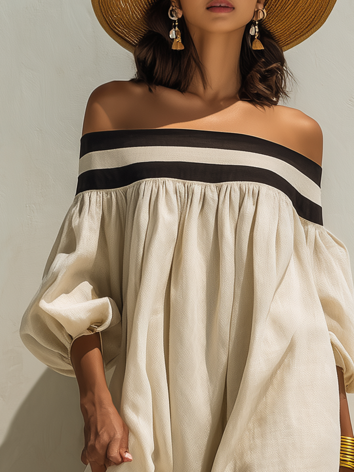 Beige cotton-linen maxi dress with off-the-shoulder sleeves and color blocking, loose fit.