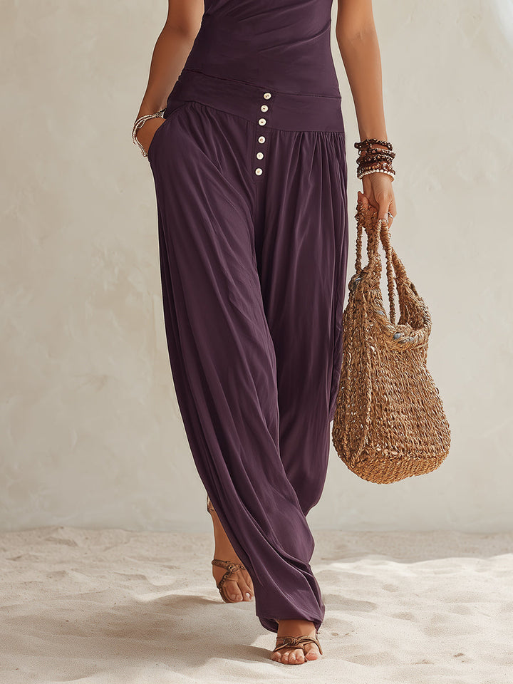 Bohemian Vacation Style Purple Halter Neck Sleeveless Top And Wide-leg Pants Set