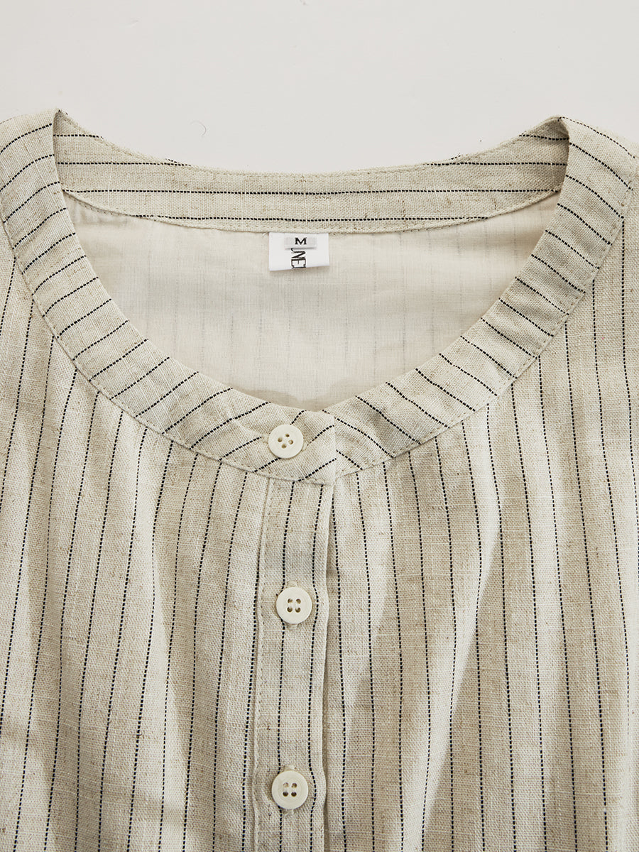 Black and Beige Striped Bohemian Casual Button Midi Dress