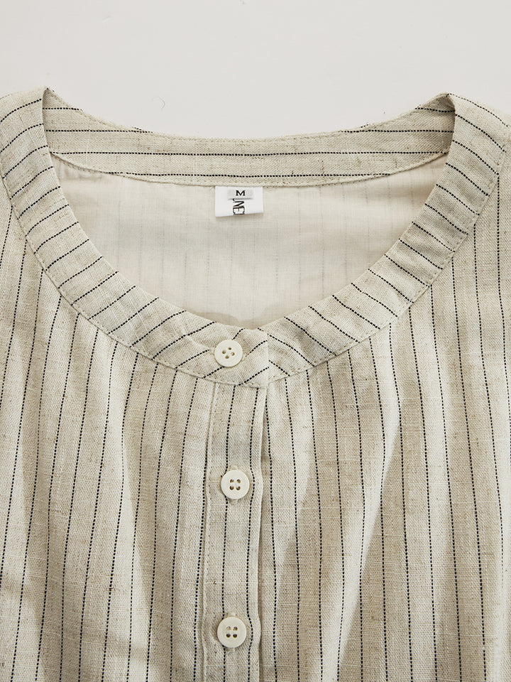 Black and Beige Striped Bohemian Casual Button Midi Dress