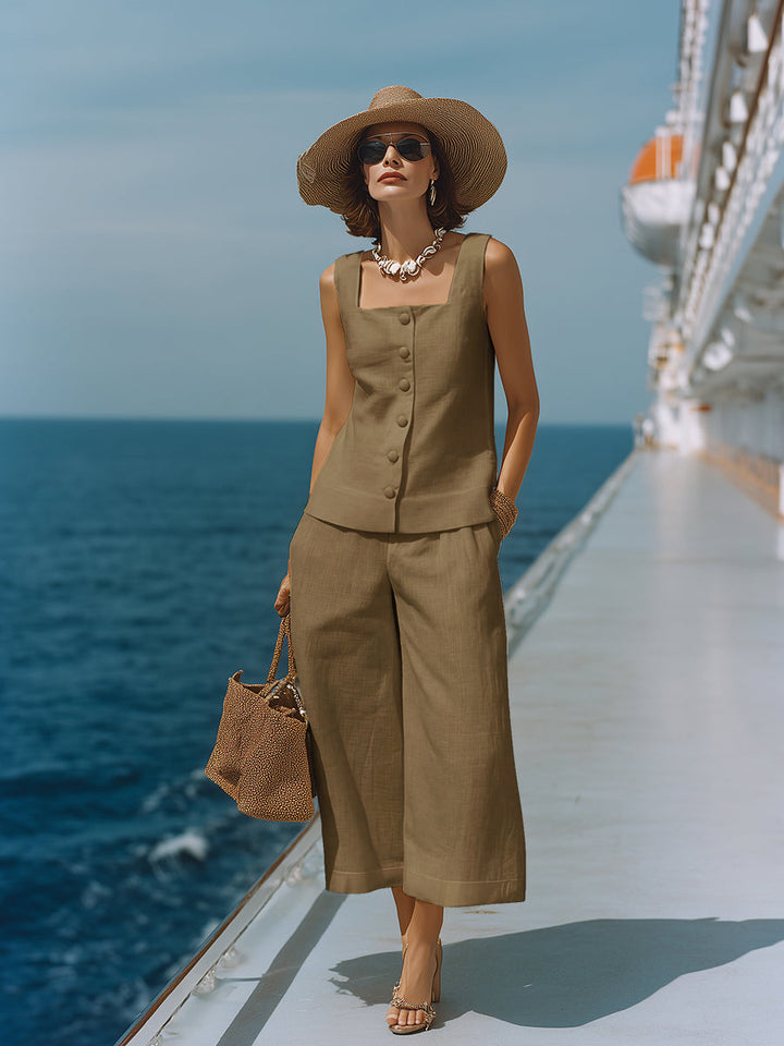 Classic White Cotton-linen Square-neck Top And Capri Pants Set