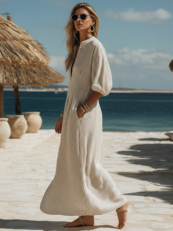 Black and Beige Striped Bohemian Casual Button Midi Dress