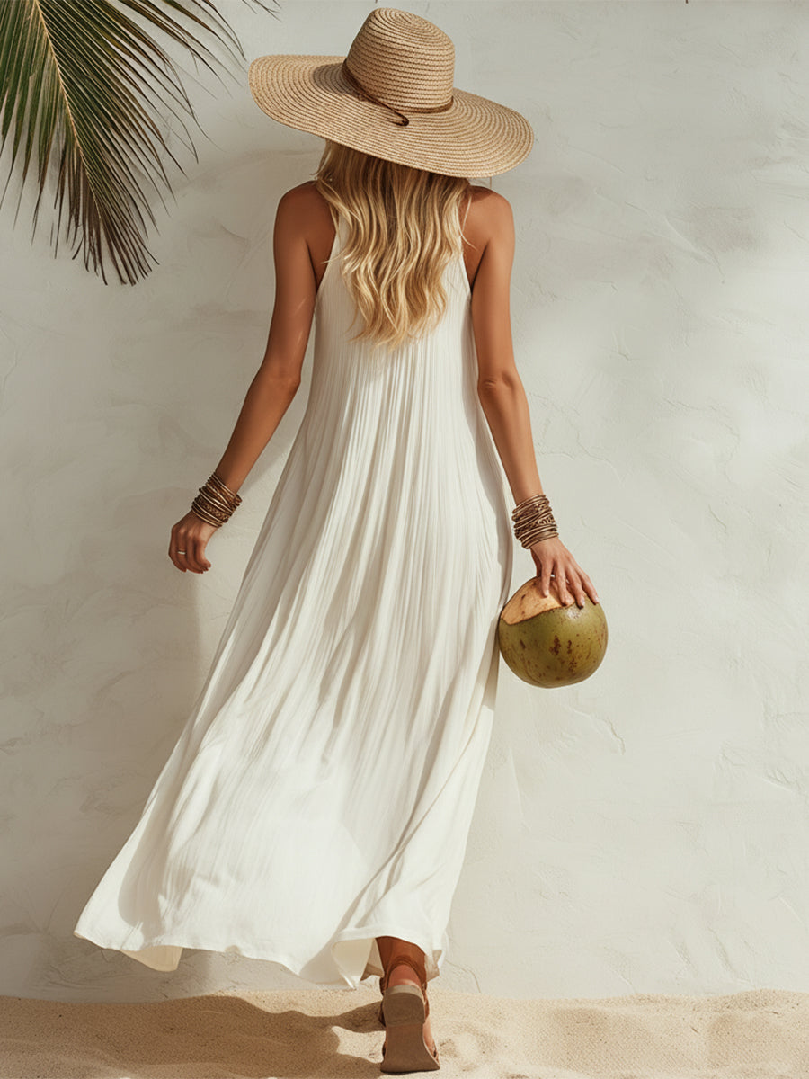 Elegant white cream sleeveless resort maxi dress