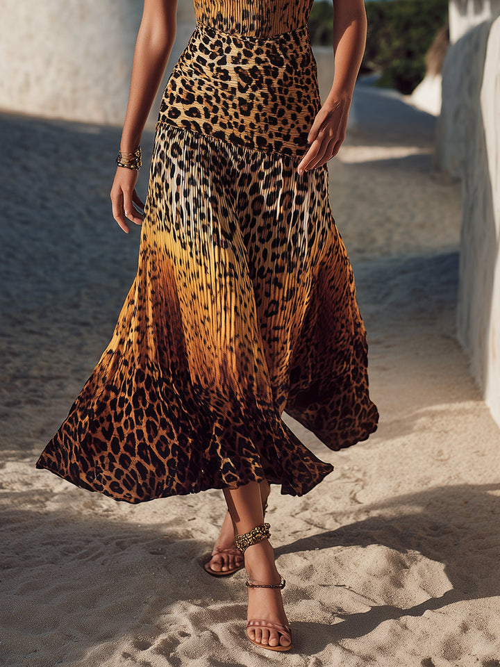 Bohemian Resort Off-The-Shoulder Leopard-Print Midi Dress