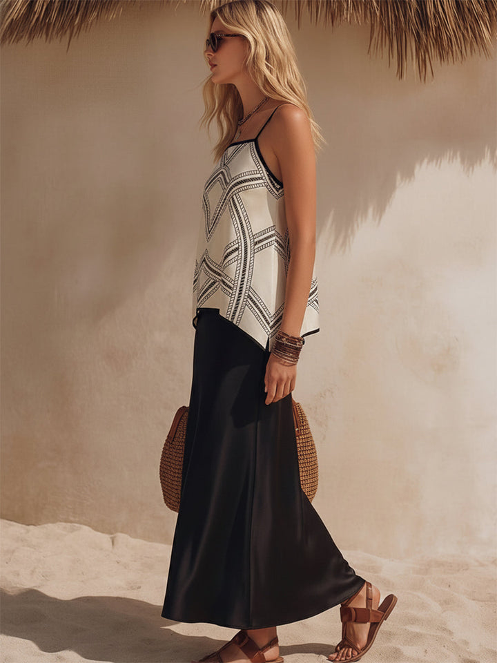Bohemian Coast Geometric Print Satin Vest High-Waisted Black Satin Maxi Skirt Set