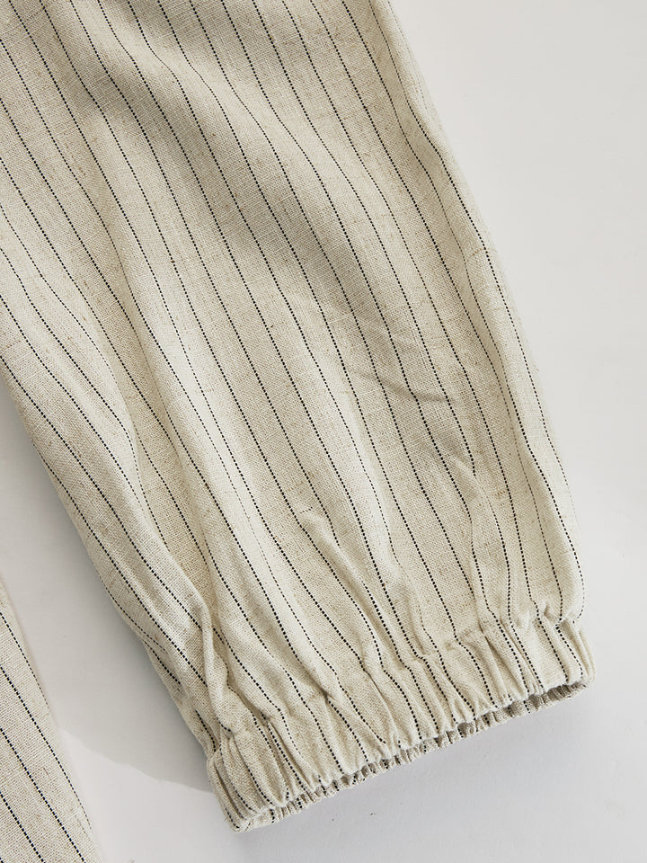Black and Beige Striped Bohemian Casual Button Midi Dress
