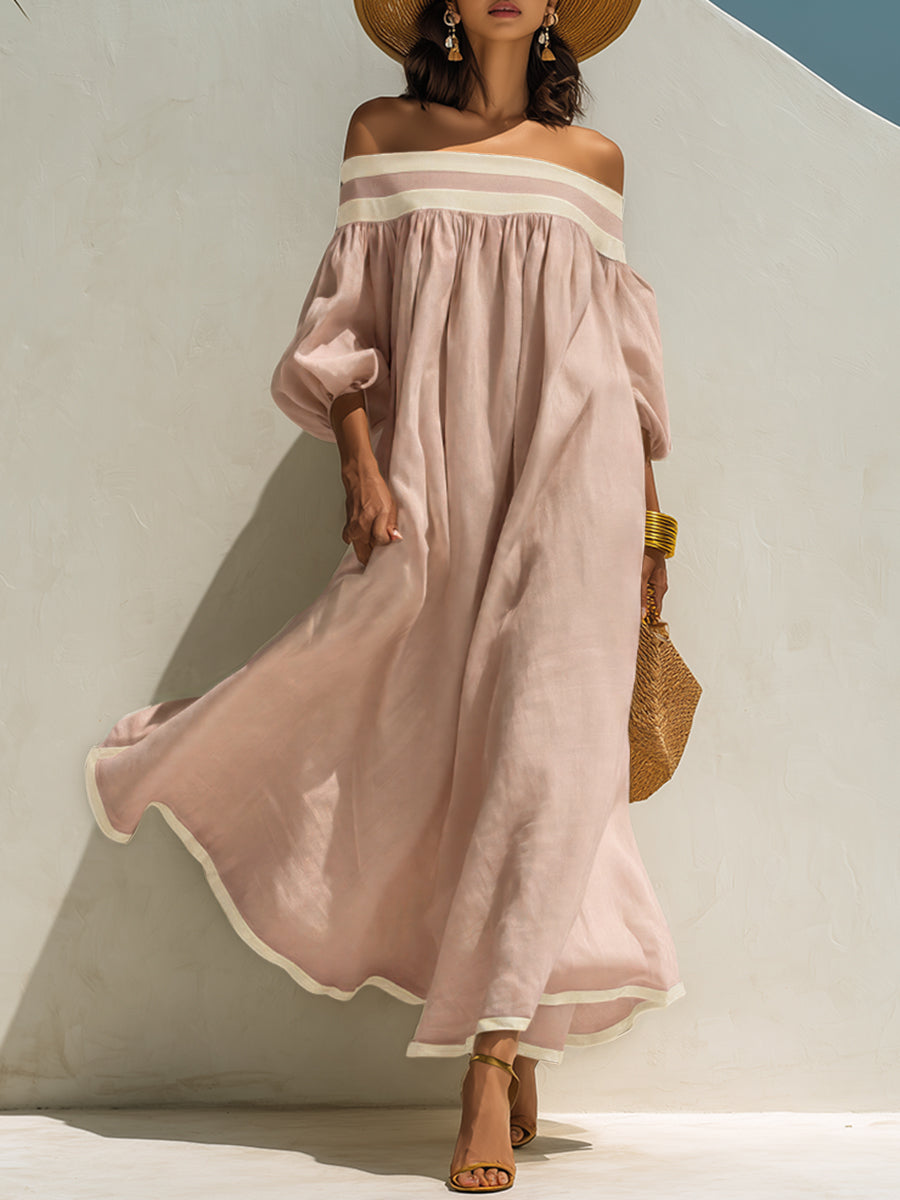 Beige cotton-linen maxi dress with off-the-shoulder sleeves and color blocking, loose fit.